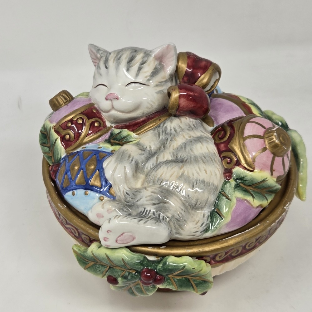 Fitz & Floyd Essentials Kristmas‎ Kitty Cat in Bowl 6" Trinket Box Candy Dish
